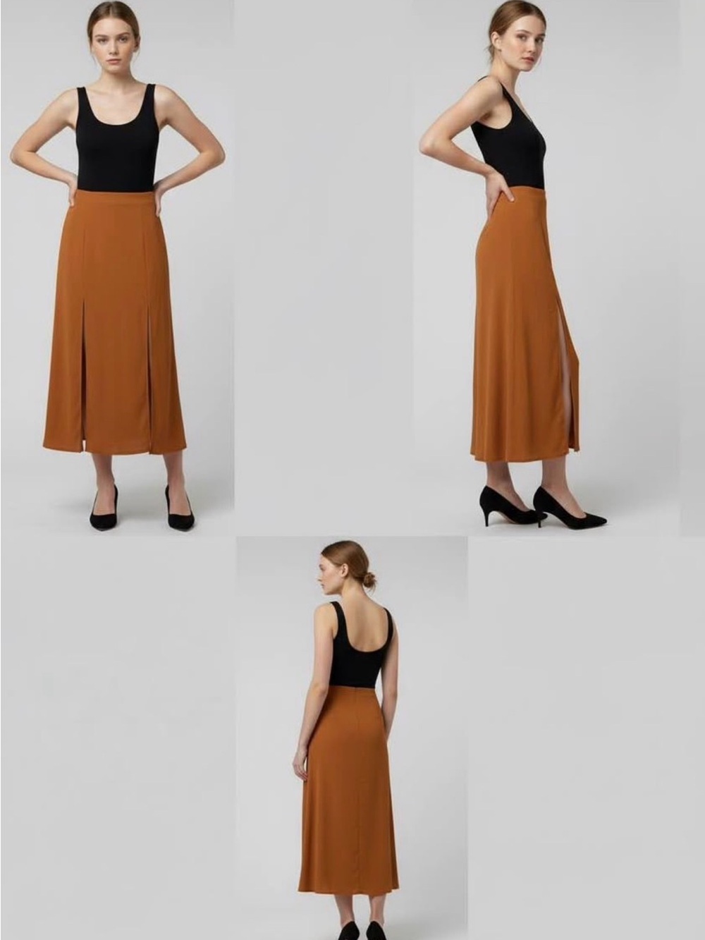 Womens Rust Midi Skirt with Front Slits - Picture 1 of 2